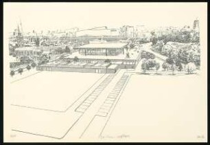 Neue Nationalgalerie Berlin Umbau, Erweiterung: Perspektivische Ansicht des geplanten Anbaus und des Mies-van-der-Rohe-Baus