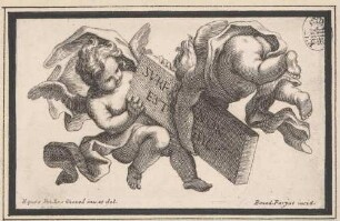 Vignette mit Putten und Schrifttafel, aus: Sei omelie di Nostro Signore papa Clemente undecimo esposte in versi da Alessandro Guidi, Rom 1712