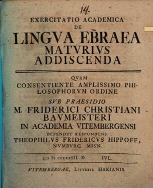 Exercitatio acad. de lingua Ebraea maturius addiscenda
