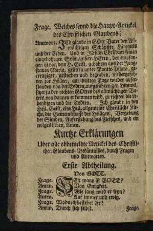 Frage: Welches sind die Haupt-Artickel des Christlichen Glaubens?