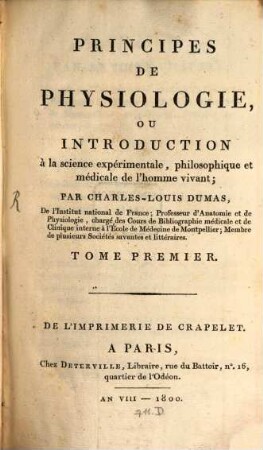 Principes De Physiologie, Ou Introduction à la science expérimentale, philosophique et médicale de l'homme vivant, 1