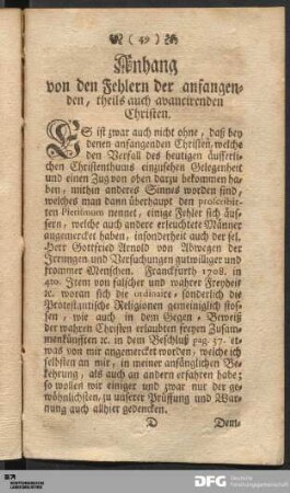 Anhang von den Fehlern der anfangenden, theils auch avancirenden Christen.