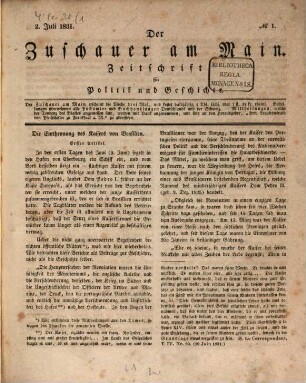 Der Zuschauer am Main : Zeitschrift für Politik und Geschichte. 1, 1. 1831