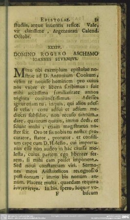 XXXIV. Domino Rogero Aschamo Ioannes Sturmius