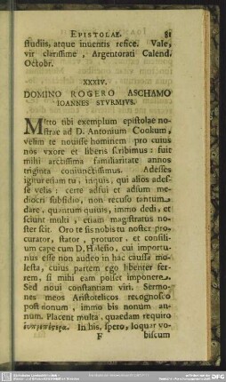 XXXIV. Domino Rogero Aschamo Ioannes Sturmius