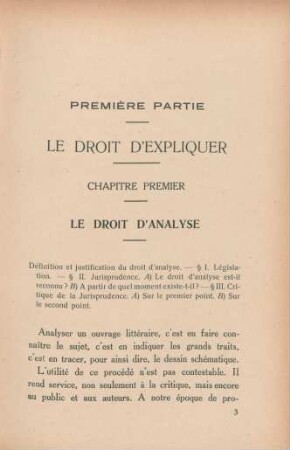 Chapitre premier. Le droit d'analyse