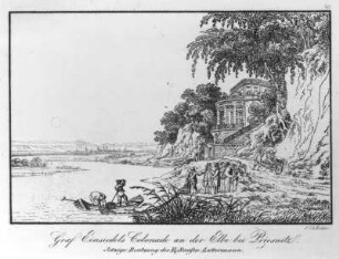 Graf Einsiedels Colonade an der Elbe bei Priesnitz : Richter, Johann Carl August. Graf Einsiedels Colonade an der Elbe bei Priesnitz. Radierung; 11,5 x 15,5 cm. Dresden: Kupferstich-Kabinett 1912-166 in A 329 m