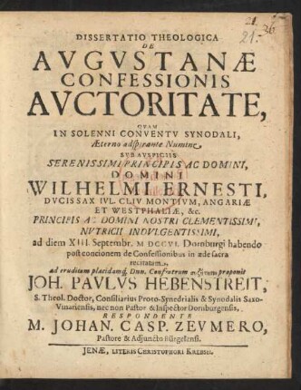 Dissertatio Theologica De Avgvstanæ Confessionis Avctoritate