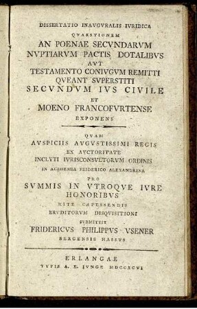Dissertatio Inauguralis Iuridica Quaestionem An Poenae Secundarum Nuptiarum Pactis Dotalibus Aut Testamento Coniugum Remitti Queant Superstiti Secundum Ius Civile Et Moeno Francofurtense Exponens