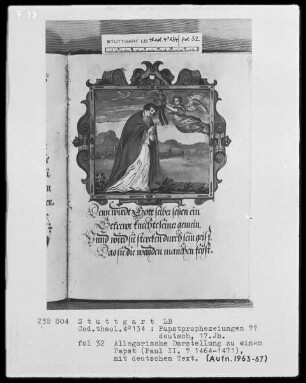 Flugschrift mit Illustrationen aus den Papstprophezeiungen mit antipäpstlichen Spottversen — Allegorische Darstellung von Papst Paul 2. (1464-1471), Folio 32recto