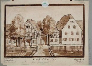 Holleis Häuser, ein Bauerngut in Strehlen bei Dresden im Zustand von 1857 (später Gasthof Goldene Krone, danach Sächsisches Akkumulatorenwerke, 1998/99 abgerissen)