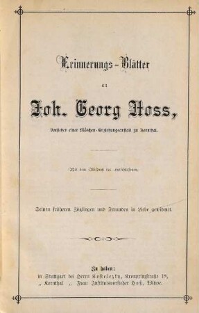 Erinnerungs-Blätter an Joh. Georg Hoss
