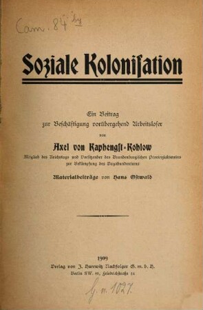 Soziale Kolonisation : Ein Beitr. zur Beschäftigung vorübergehend Arbeitsloser