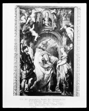 Papst Gregor der Große in Anbetung eines Madonnenbildes umgeben von dem heiligen Mauritius und der heiligen Flavia Domitilla