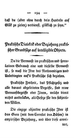 Praktische Dialektik oder Beziehung praktischer Grundsäze auf intelligible Objecte.