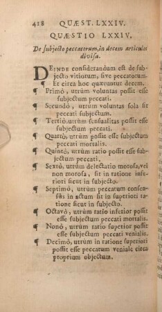 Quaestio LXXIV. De subjecto peccatorum, in decem articulos divisa.