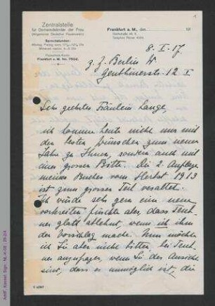 Brief von Jenny Apolant an Helene Lange