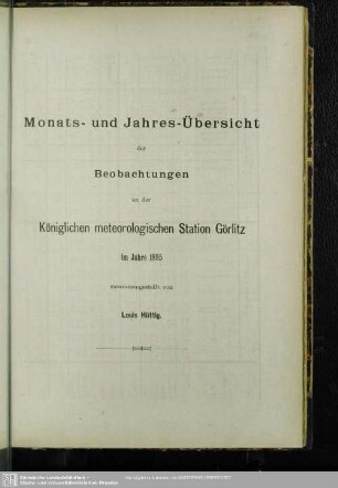 Monats- und Jahres-Übersicht der Beobachtungen an der Königlichen meteorologischen Station Görlitz im Jahre 1895