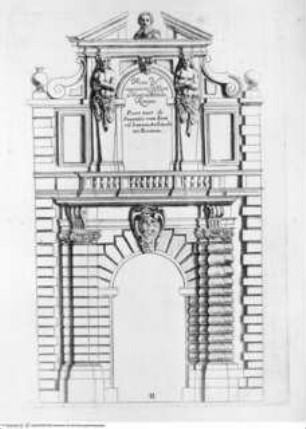Regola de' Cinque Ordini d'Architettura (polygl.). Di M. Giacomo Barozzio da Vignola. Con la nuova aggionta di Michael-Angelo Buonaroti., Tafel II (Folio 99): Tor, Ansicht