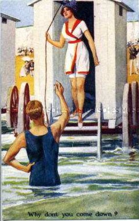 Strandszene, Frau mit Badekarren