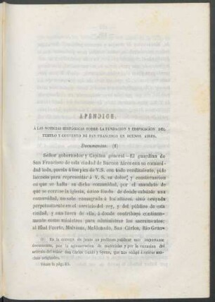 Apéndice á las noticias históricas sobre la fundación y edificación del Templo y Convento de San Francisco en Buenos Aires.