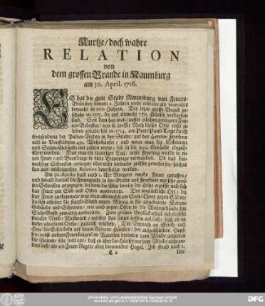 Kurtze, doch wahre Relation von dem grossen Brande in Naumburg am 30. April. 1716.