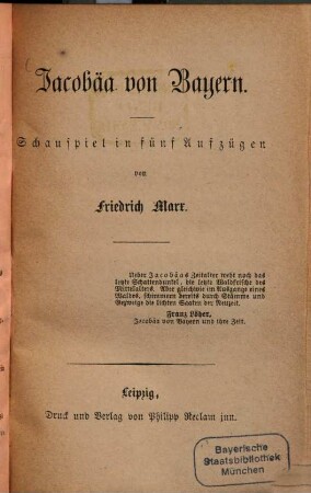 Jacobäa von Bayern : Schauspiel in fünf Aufzügen