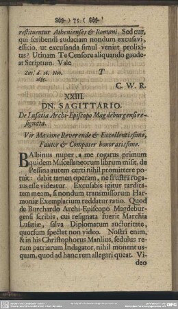 XXIII. DN. SAGITTARIO. De Lusatia Archi-Episcopo Magdeburgensi resignata