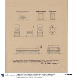 Giessen, Grossherzogliche Wohnung im Alten Schloss Schlafzimmer, Aufrisse und Seitenansichten von grossem Tisch, Stuhl und Chaiselongue, Aufrisse und Grundriss des kleinen Tisches sowie Aufriss eines Stuhles