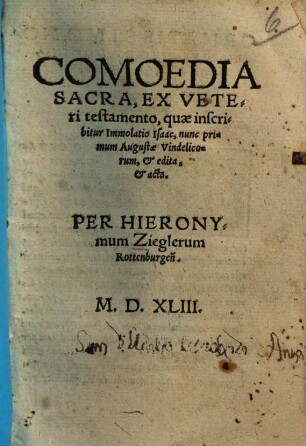 Comoedia Sacra : Ex Veteri testamento, quae inscribitur Immolatio Isaac