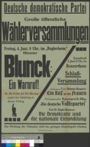 Plakat zu Wahlversammlungen der DDP am 4. und 5. Juni 1920 in Braunschweig