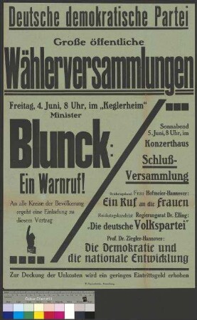 Plakat zu Wahlversammlungen der DDP am 4. und 5. Juni 1920 in Braunschweig