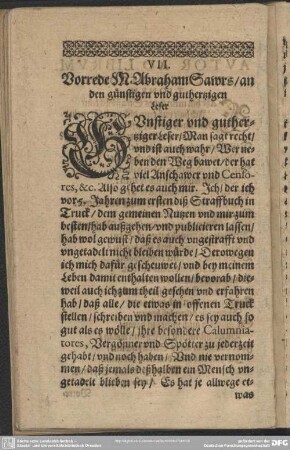 Vorrede M. Abraham Sawrs, an den günstigen und guthertzigen Leser