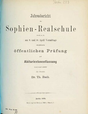 Jahresbericht der Sophien-Realschule : für das Schuljahr .... 1877/78