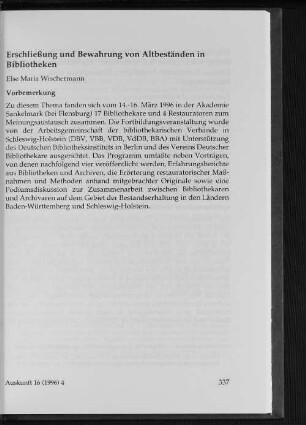 Erschließung und Bewahrung von Altbeständen in Bibliotheken