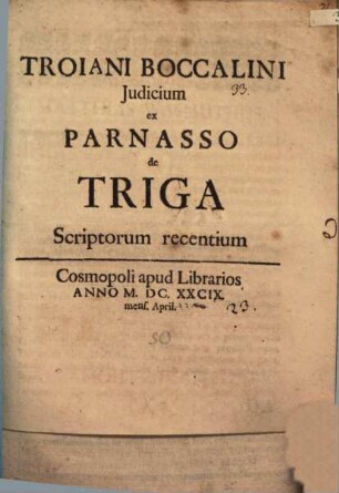 Troiani Boccalini Iudicium ex Parnasso de Triga Scriptorum recentium