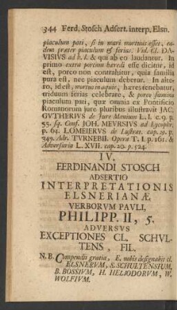 IV. Ferdinandi Stosch Adsertio Interpretationis Elsnerianae, Verborum Pauki, Philipp. II. 5. Adversus Exceptiones Cl. Schultens, Fil.