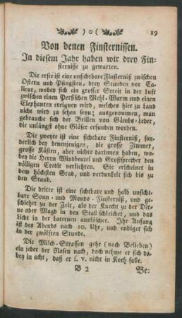 Von denen Finsternissen. In diesem Jahr haben wir drey Finsternisse zu gewarten.
