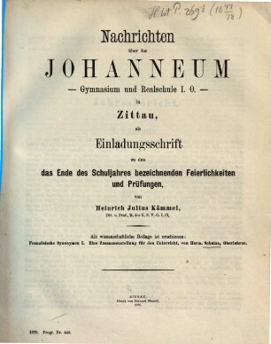 Nachrichten über das Johanneum : als Einladungsschrift zu d. am Ende d. Schuljahres ... stattfindenden Prüfungen u. Feierlichkeiten vom .... 1877/78