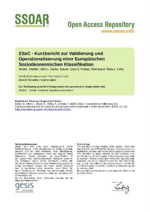 ESeC - Kurzbericht zur Validierung und Operationalisierung einer Europäischen Sozioökonomischen Klassifikation