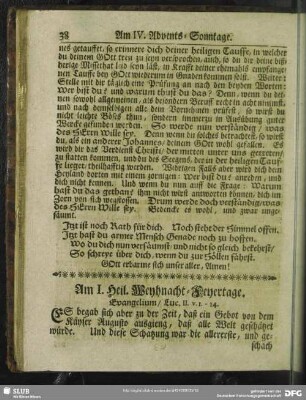 Am I. Heil. Weyhnacht-Feyertage. Evangelium, Luc. II. v. 1 - 14