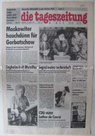 Fragment der Ost-Ausgabe der "tageszeitung" u.a. zur Volksabstimmung über den Erhalt der Sowjetunion und zur Führungsdebatte in der SPD