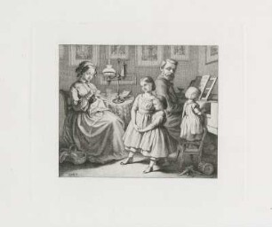 Tanzliedchen : Bürkner, Hugo: Tanzliedchen, Abb. nach S. 10. Radierung; 152 x 178 mm (Plattenrand), 1854. Aus: Bilder aus dem Familienleben in 14 Original-Radirungen von H. Bürkner, Text von Bonn, Franz. Leipzig: Dürr, 1874. Dresden: SLUB 1.C.632