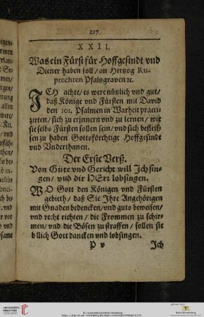 XXII. Was ein Fürst für Hoffgesindt vnd Diener haben soll, an Hertzog Ruprechten Pfaltzgraven [et]c.