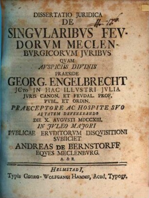 Dissertatio Juridica De Singvlaribvs Fevdorvm Meclenbvrgicorvm Jvribvs