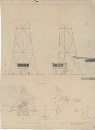 Schneider - Esleben, Paul; Hannover, Messegelände; Ausstellungspavillon und Turm für die Mannesmann AG - Turm und Pavillon (Grundriss; Ansicht)