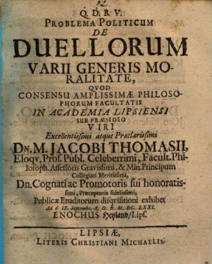 Problema politicum de duellorum varii generis moralitate
