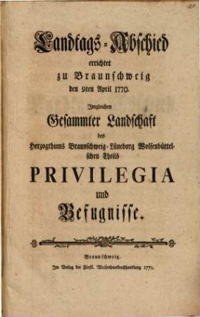 Landtags-Abschied errichtet zu Braunschweig ... 1770