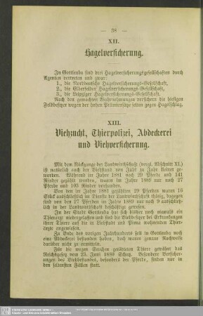 XIII. Viehzucht, Thierpolizei, Abdeckerei und Viehversicherung