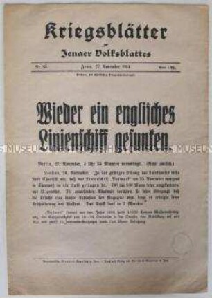 Extrablatt des "Jenaer Volksblattes" u.a. zur Versenkung eines englischen Linienschiffes